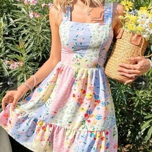 Floral, Knot Back, Tie Strap,  Sleeveless,  Bohemiam Mini Dress